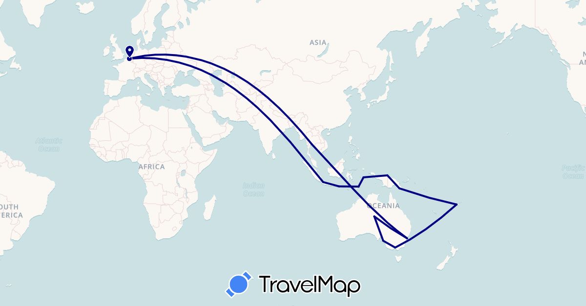 TravelMap itinerary: driving in Australia, Belgium, Fiji, Indonesia, Papua New Guinea, Thailand, East Timor (Asia, Europe, Oceania)